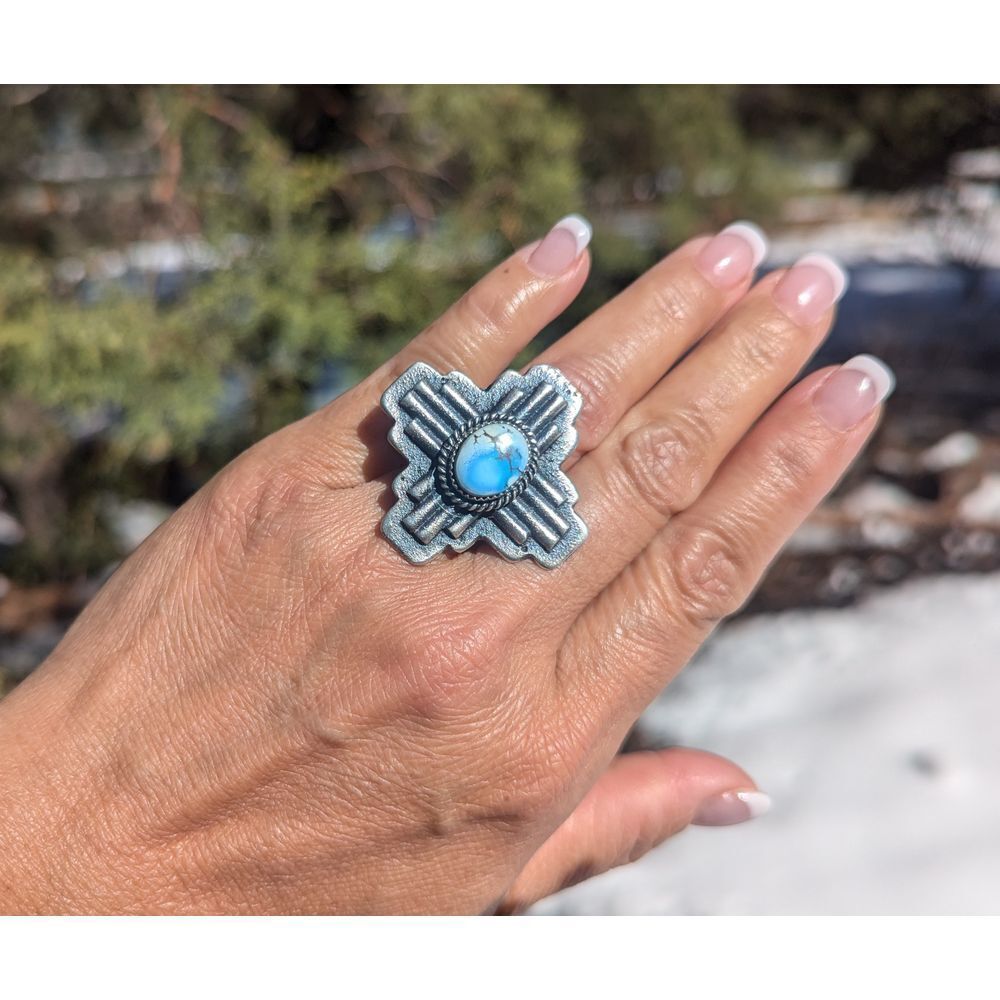 Navajo‎ Golden Hills Turquoise Navajo Zia Ring Adjustable Sterling Sz 6.75US**
